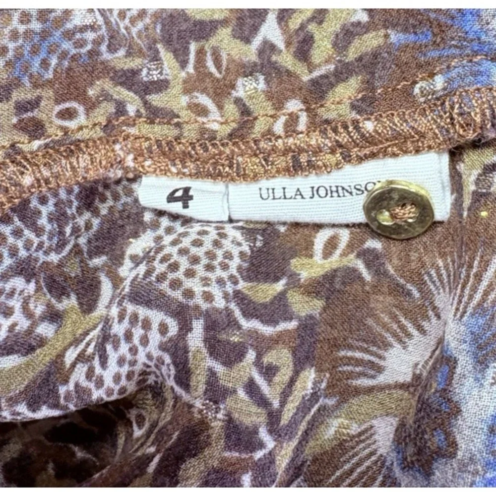 Ulla Johnson Womens 4 Silk Chiffon Blouse Metallic Floral Smocked Ruffle Boho